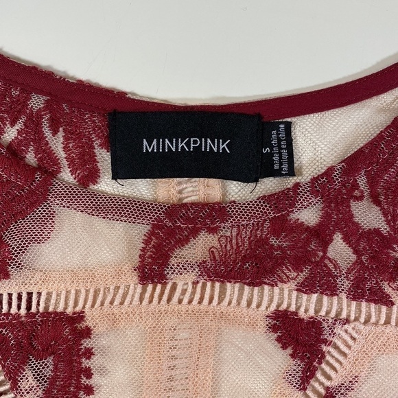 Minkpink Embroidered Sheer Mesh Top Pink Tulle Burgundy Trim Bell Sleeves Size S - Picture 11 of 14